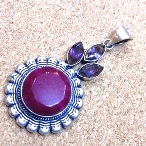Elegant Simulated Ruby and Created Amethyst Silver Plated Pendant